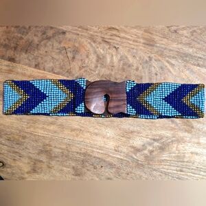 Vintage Beaded Chevron Belt with Wooden Buckle